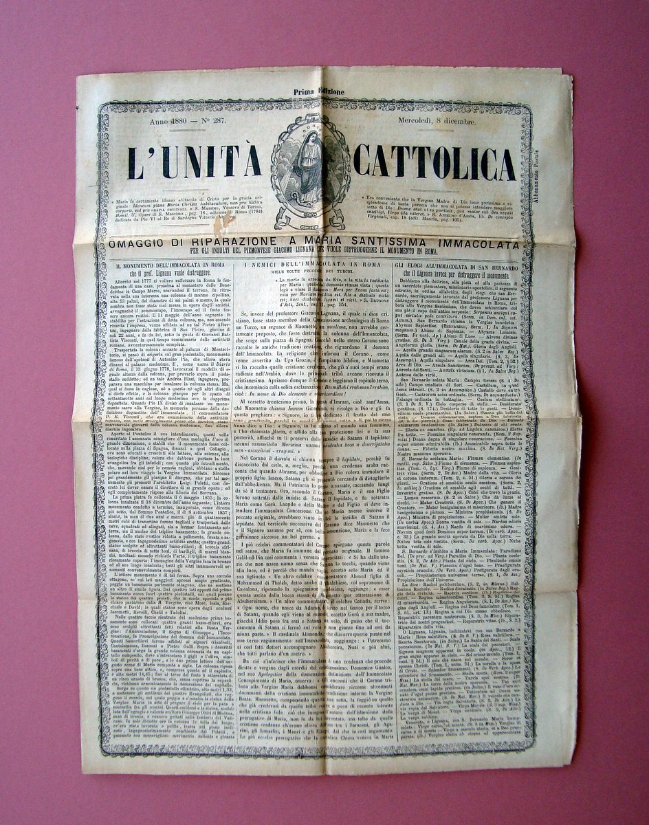 L'Unit‡ Cattolica Anno 1880 Omaggio Riparazione Maria Santissima Immacolata