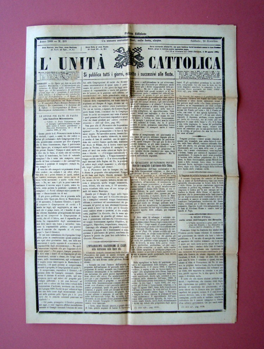 L'Unit‡ Cattolica Anno 1889 Le opere Pie date in pasto … | Immagine principale
