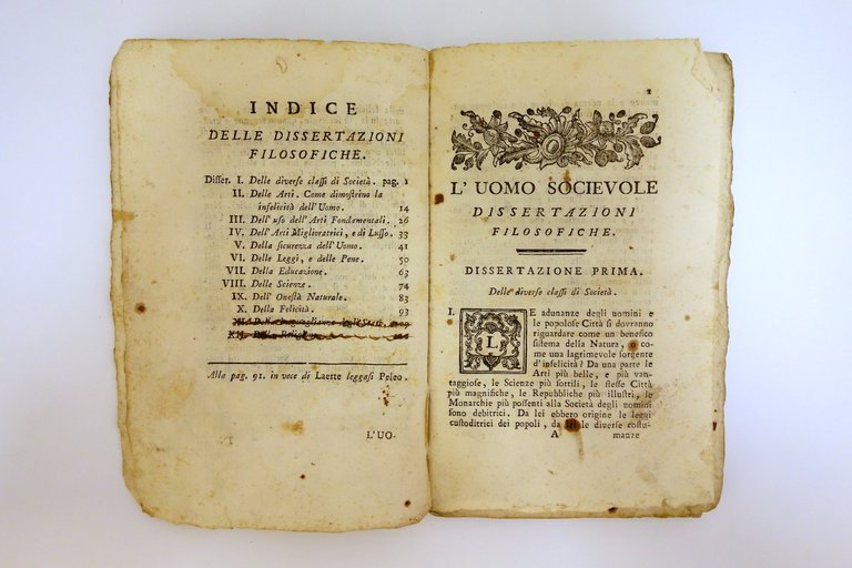 L'Uomo Socievole Dissertazioni Filosofiche G. Cassola Marelli Milano 1778