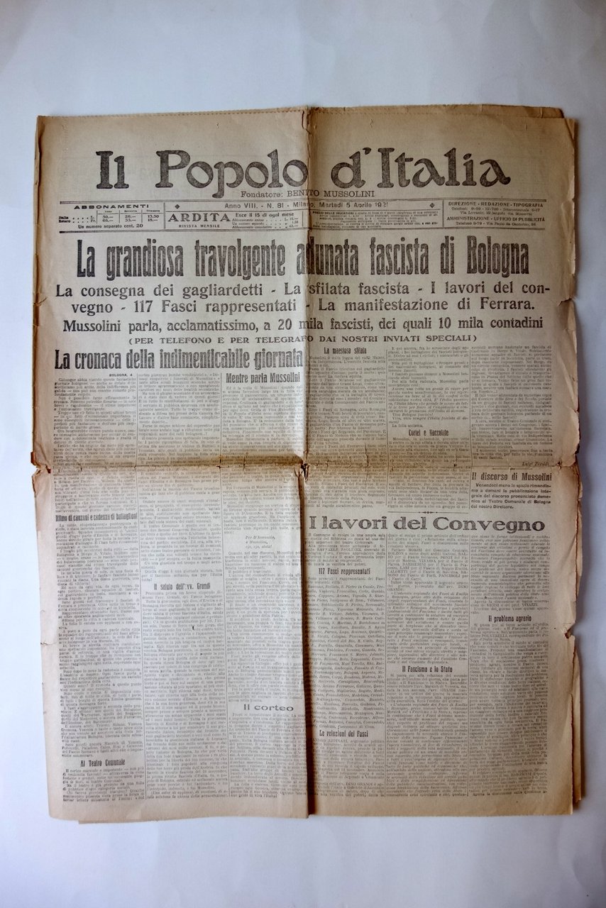 La grandiosa travolgente adunata di Bologna il Popolo d'Italia 5/4/1921 …