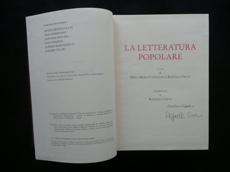 La Letteratura Popolare Cappellini Crovi Poligrafico dello Stato 2001 Autografo