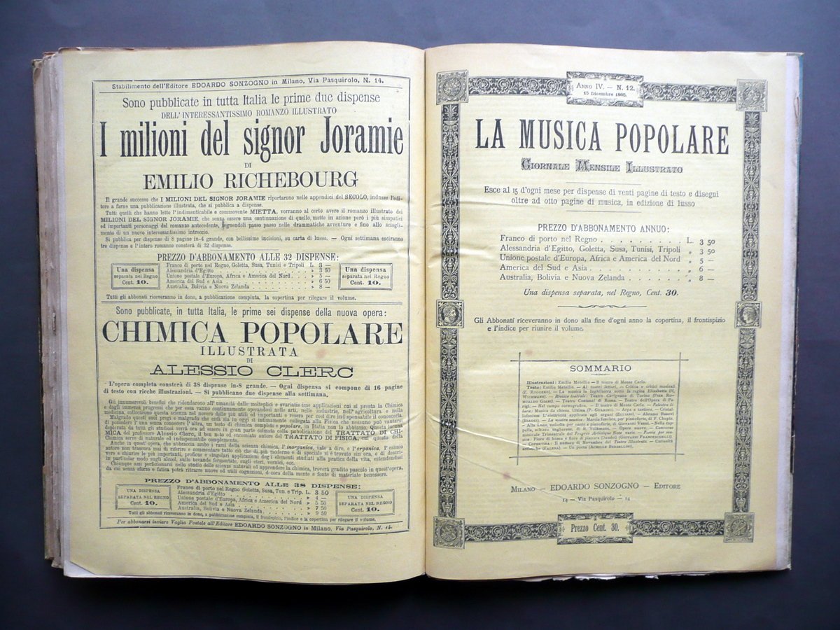 La Musica Popolare Sonzogno Milano 1885 12 Numeri Annata Completa