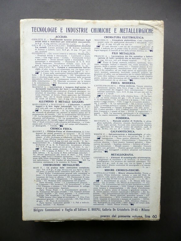 La Nitrurazione dell'Acciaio Federico Giolitti Hoepli Milano 1933 Chimica