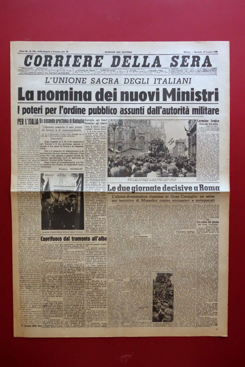 La Nomina dei Nuovi Ministri Corriere della Sera 27/7/1943 WW2 …