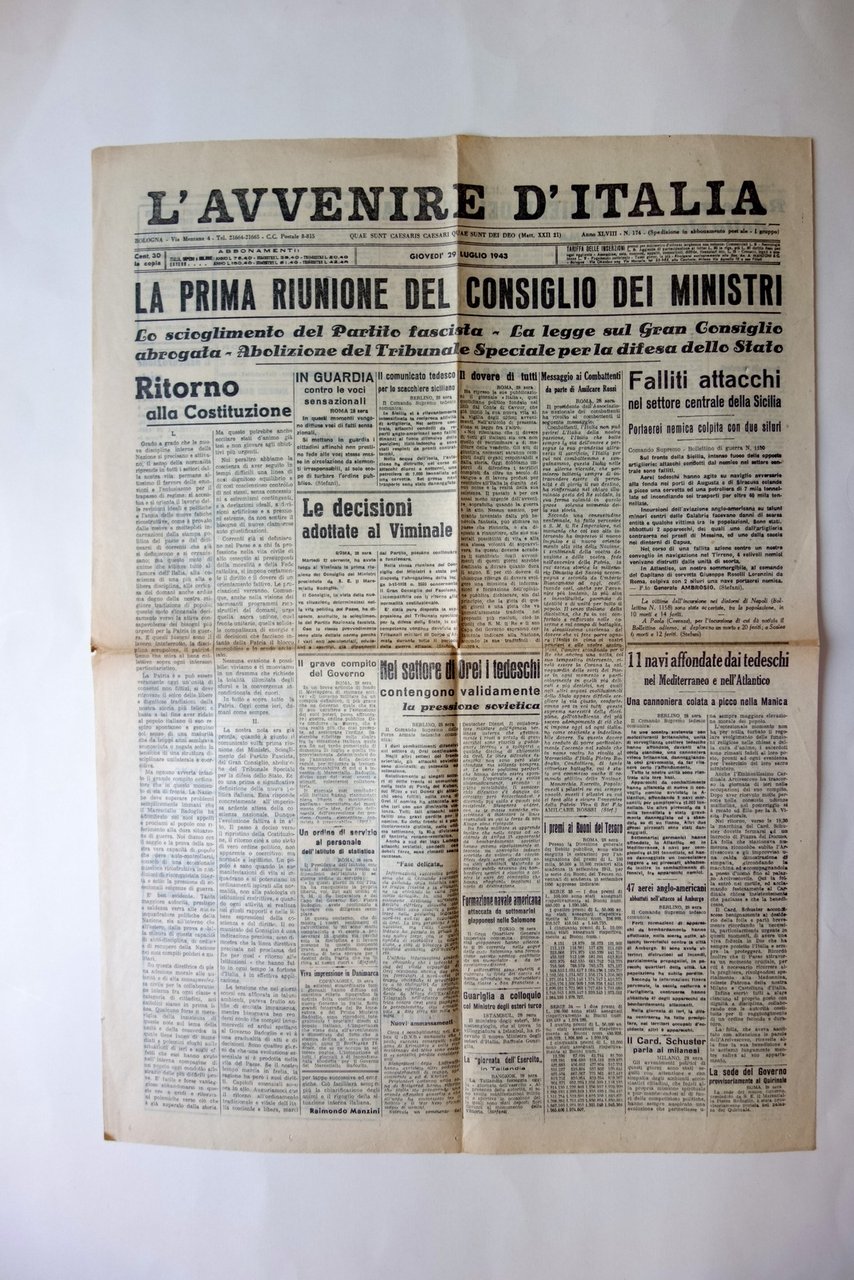 La Prima Riunione del Consiglio dei Ministri Avvenire d'Italia 29/7/1943 | Immagine principale