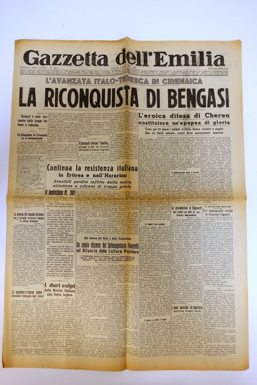 LA RICONQUISTA DI BENGASI GAZZETTA DELL'EMILIA 4/4/1941 N 136 COMPLETO
