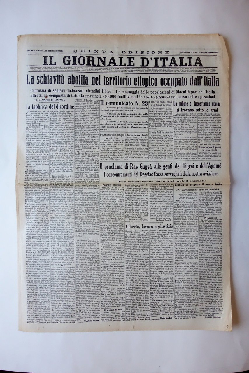 La Schiavit˘ Abolita nel Territorio Etiopico il Giornale d'Italia 20/10/1935 …