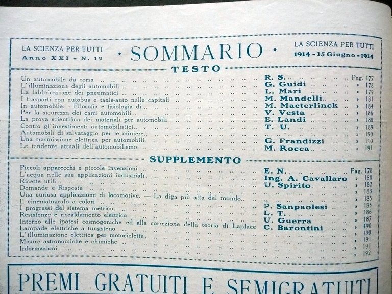 La Scienza per Tutti Anno XXI Numero 12 15/6/1914 Monografico …