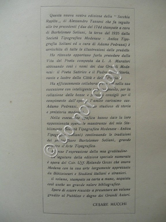 La Secchia Rapita Alessandro Tassoni Muratori Modena 1959 Legatura Gozzi …