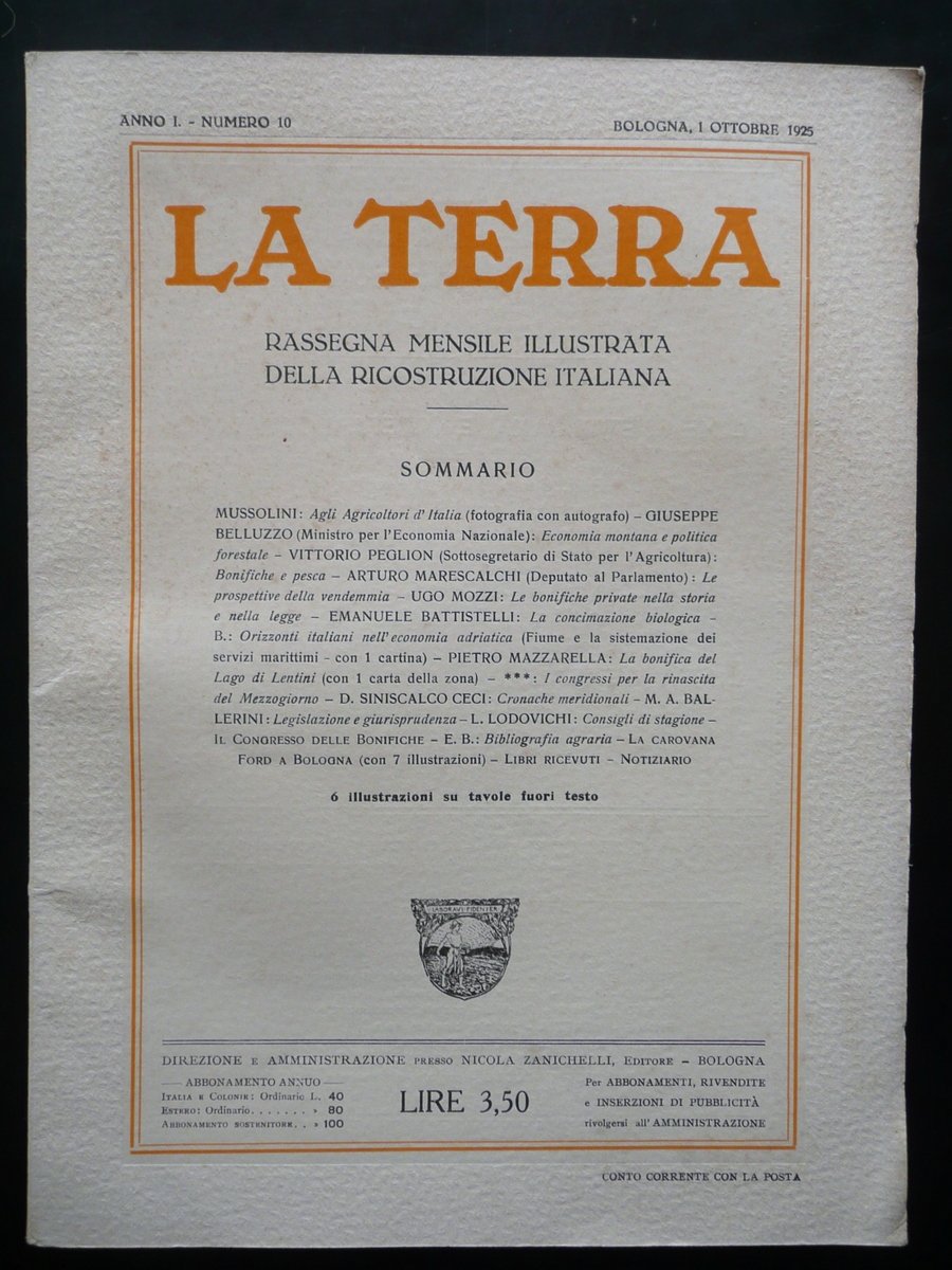 La Terra Anno I N.10 Bologna 1/10/1925 Lago Lentini Concimazione …