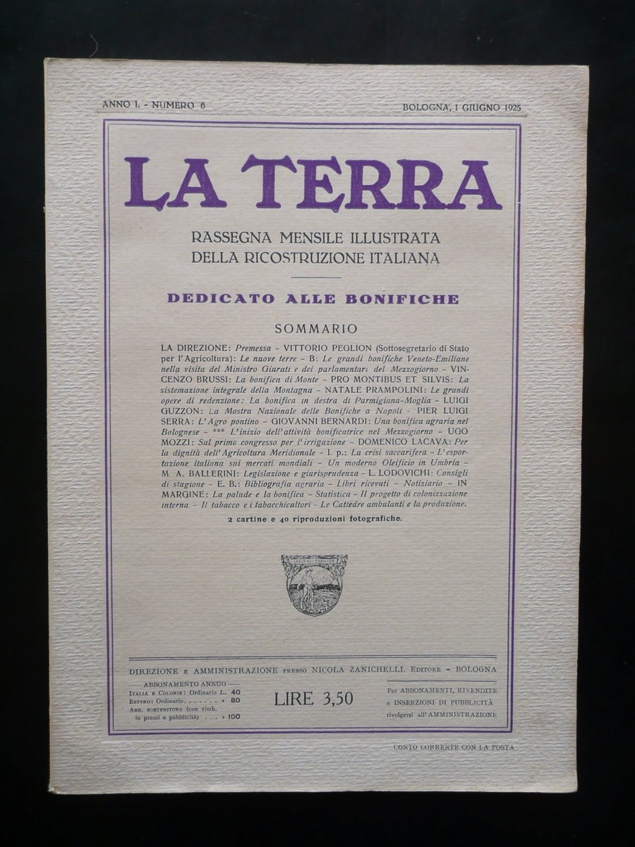 La Terra Anno I N.6 Bologna 1/6/1925 Bonifiche Tenuta Belfiore …