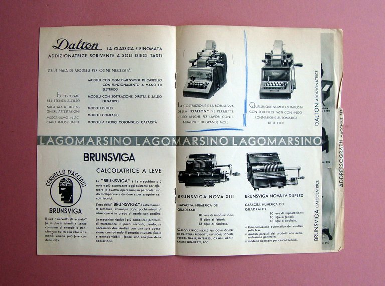 Lagomarsino Libretto Pubblic. 1933 Addizionatrici Calcolatrici Negozio in Milano