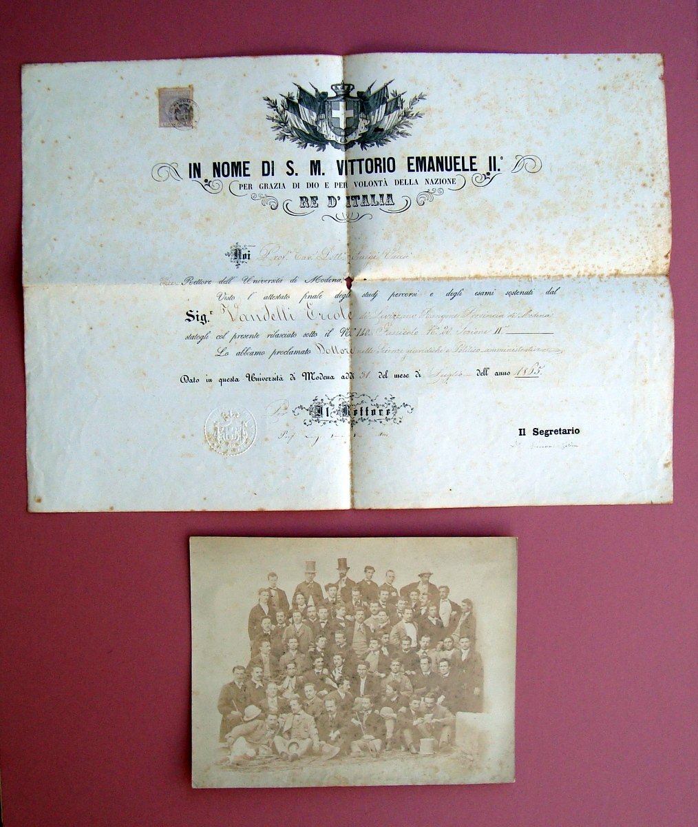 Laurea Vandelli Ercole Levizzano Rangone Dottore Legge 1865+foto laureandi