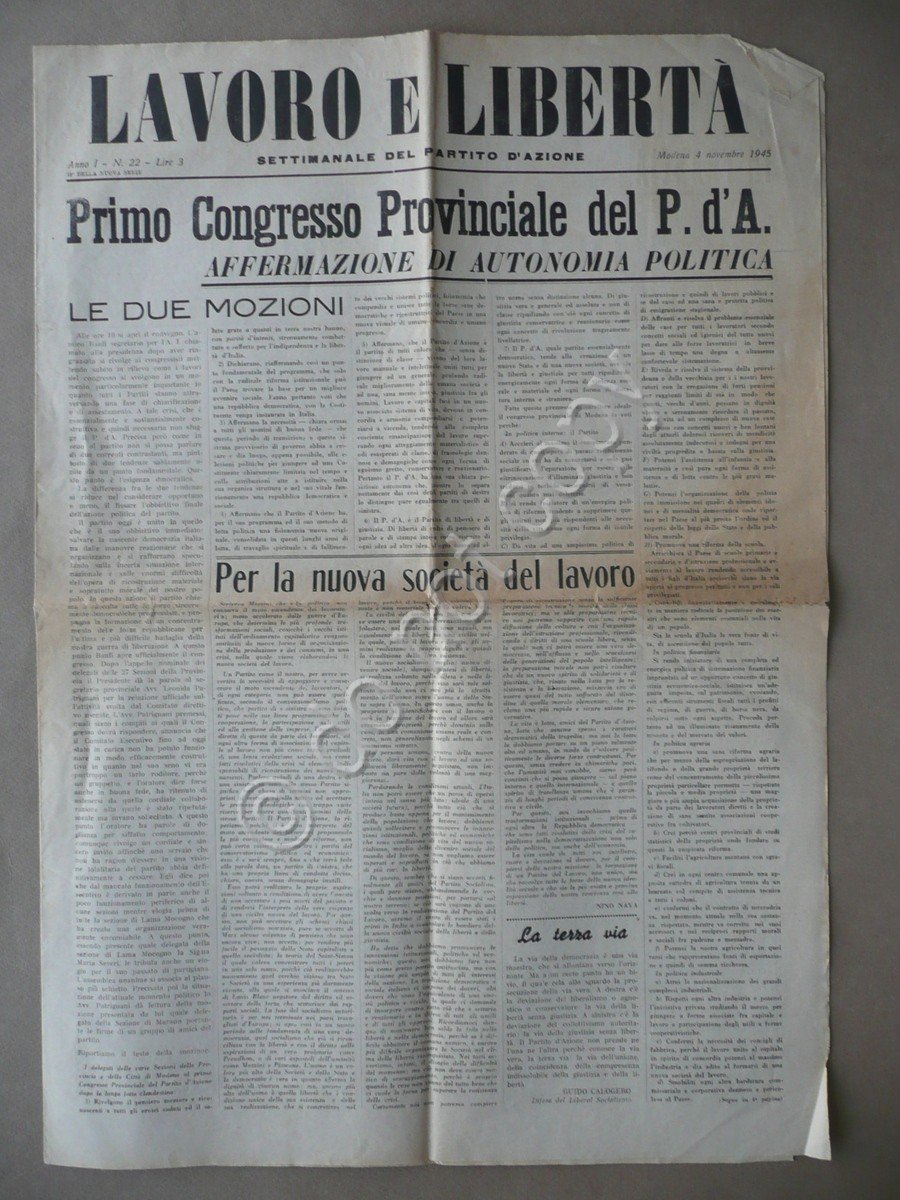 Lavoro e Libert‡ Settimanale Partito d'Azione 1∞ Congresso Modena 4/11/1945