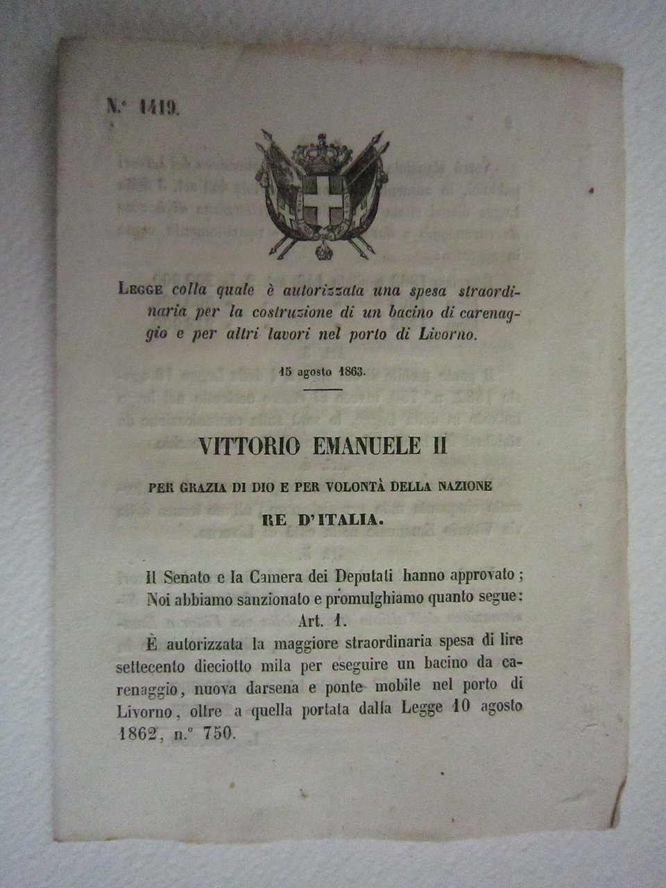 Legge Decreto Diritto Porto Livorno Bacino Costruzione 1863 Bollettino Leggi | Immagine principale
