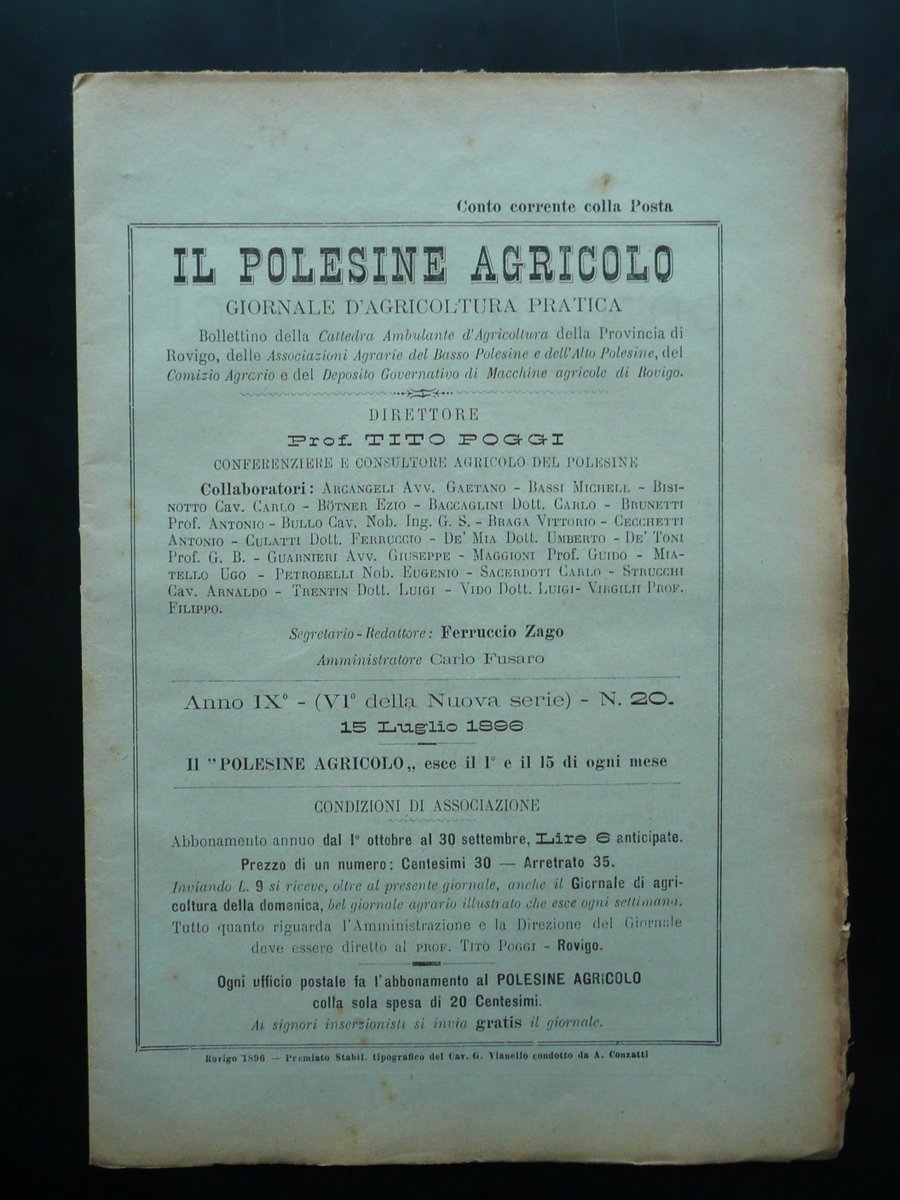 Lendinara Comizio Agrario Esposizione Occhiobello Il Polesine Agricolo 15/7/1896
