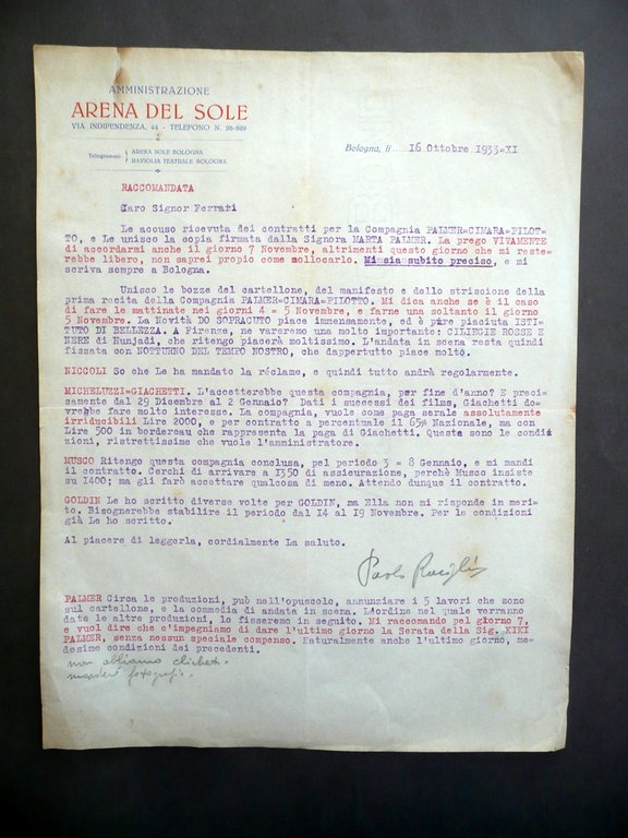 Lettera Arena del Sole Bologna Amministrazione Ferrari Modena Programmi 1933