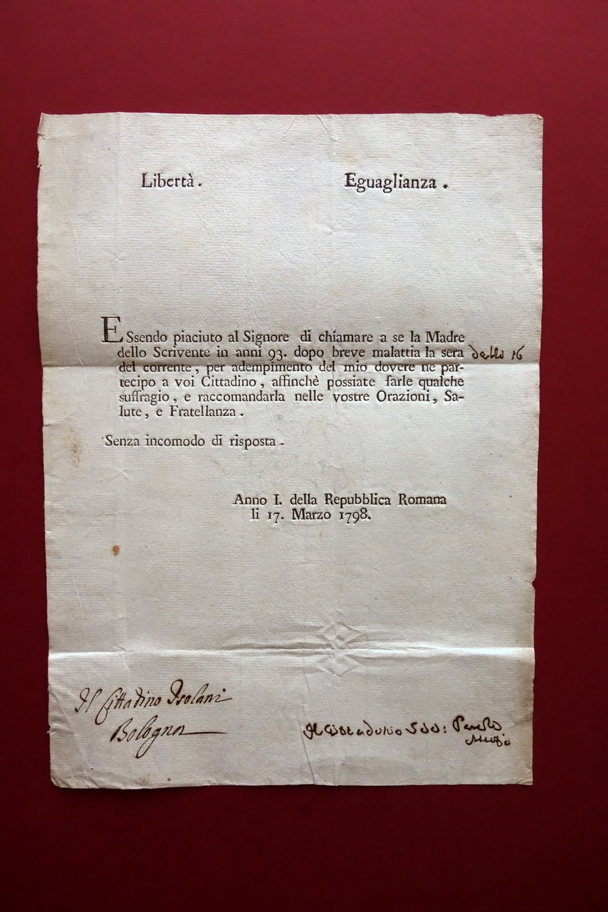 Lettera Bologna Repubblica Romana 1798 Autografo Isolani Morte della Madre