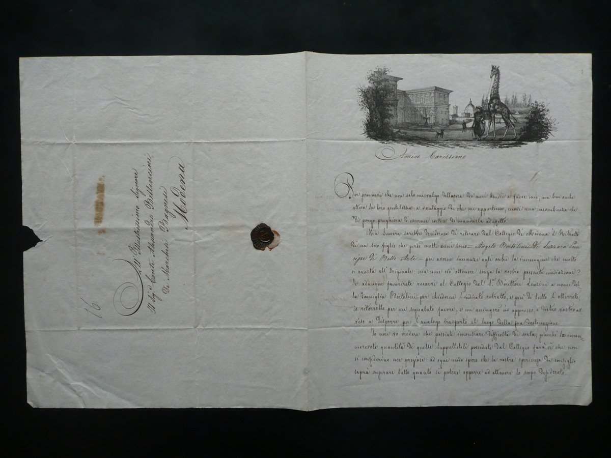 Lettera Carta Intestata Giraffa Spettacoli Ambulanti Bellencini Modena 1839