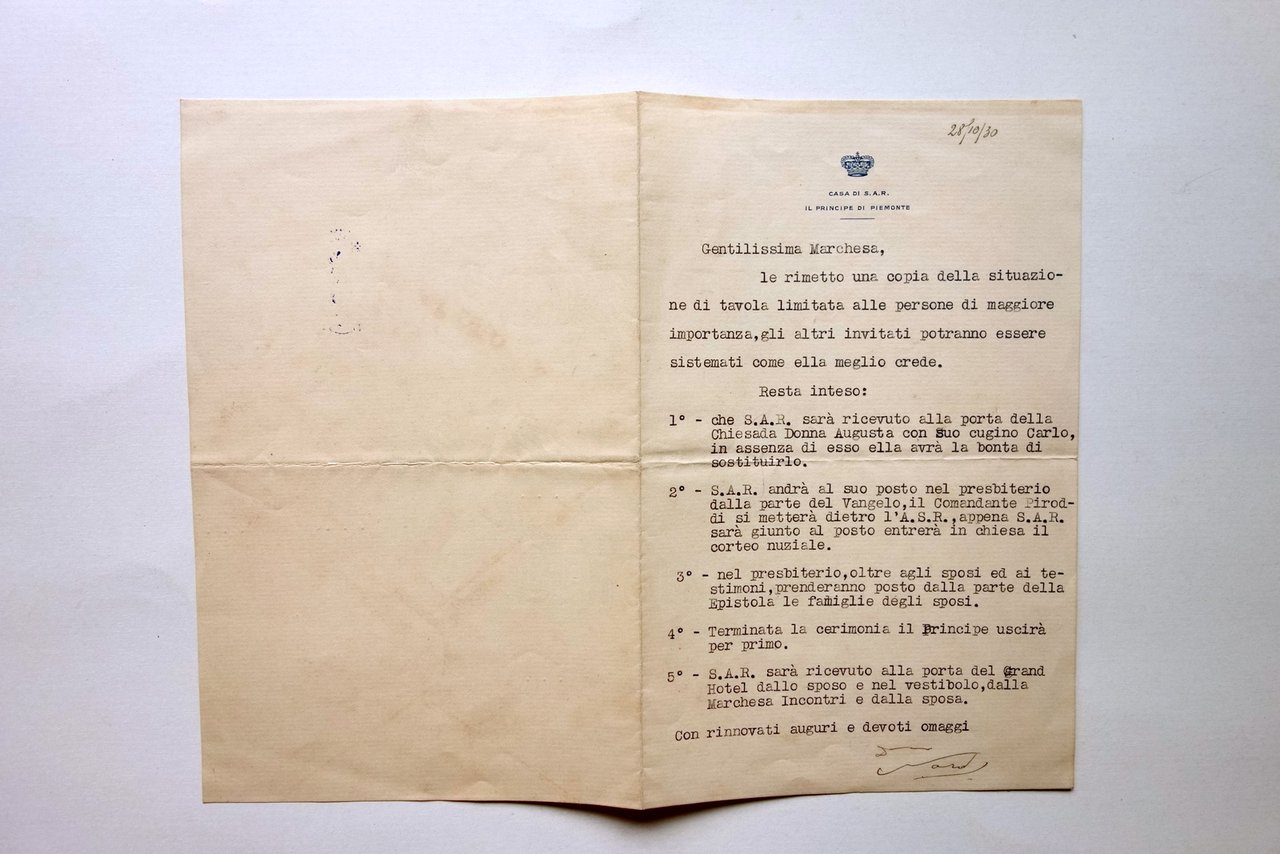 Lettera Casa S.A.R. Principe di Piemonte Disposizione Tavoli 1930