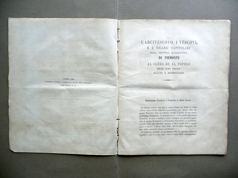Lettera dell'Episcopato Piemontese 1868 Pio IX Antilluminismo Decadenza Costumi