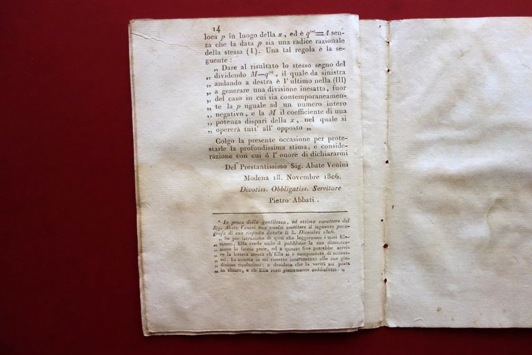 Lettera di Pietro Abbati all'Abate Francesco Venini Modena 1806 Matematica