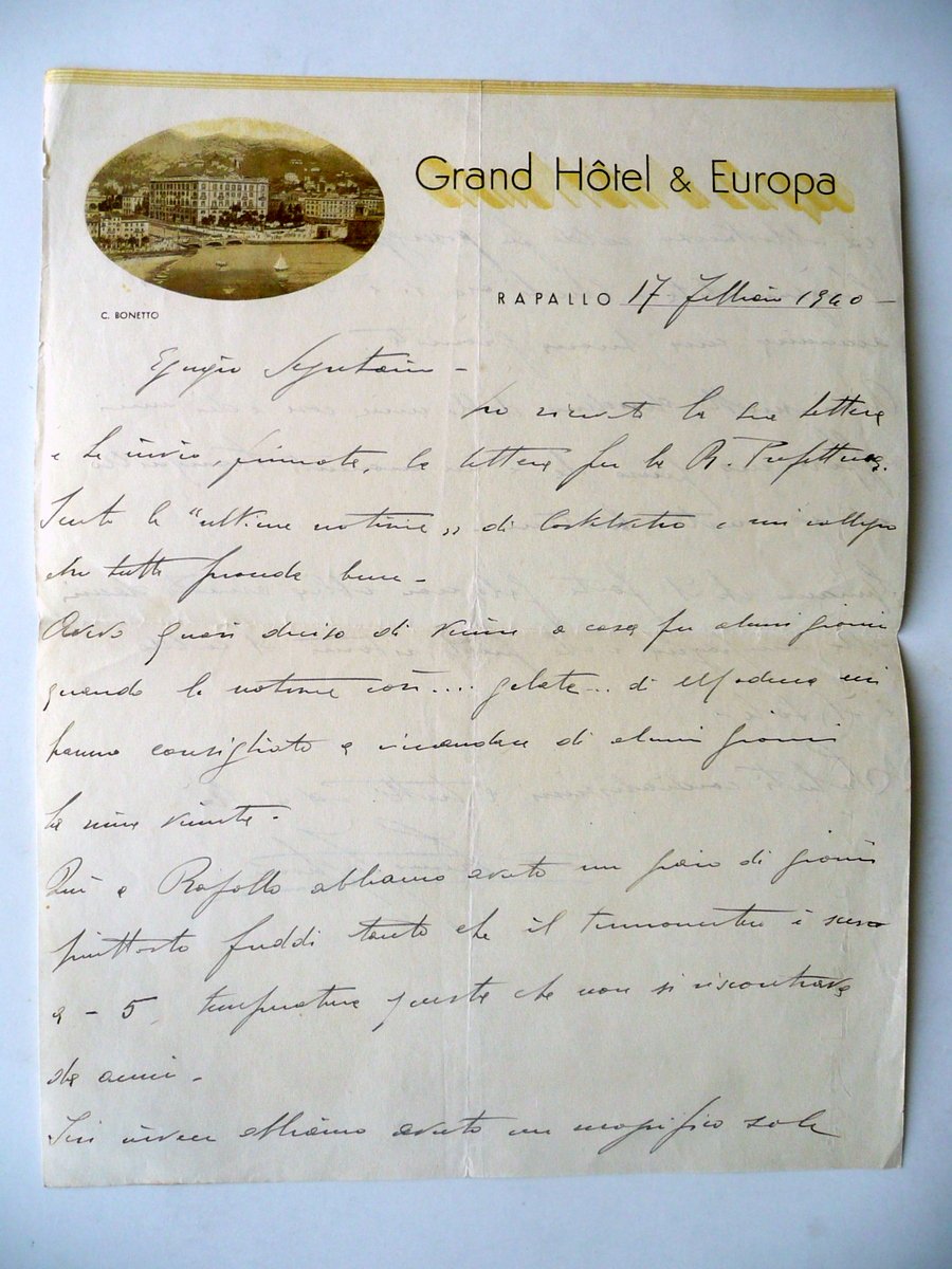 Lettera Intestazione Grand Hotel & Europa Rapallo 17 Febbraio 1940 …
