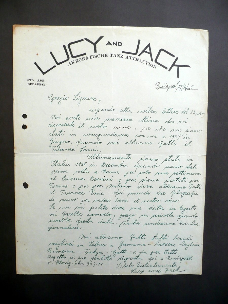 Lettera Lucy and Jack Danza Acrobatica Budapest Presentazione Spettacolo 1939