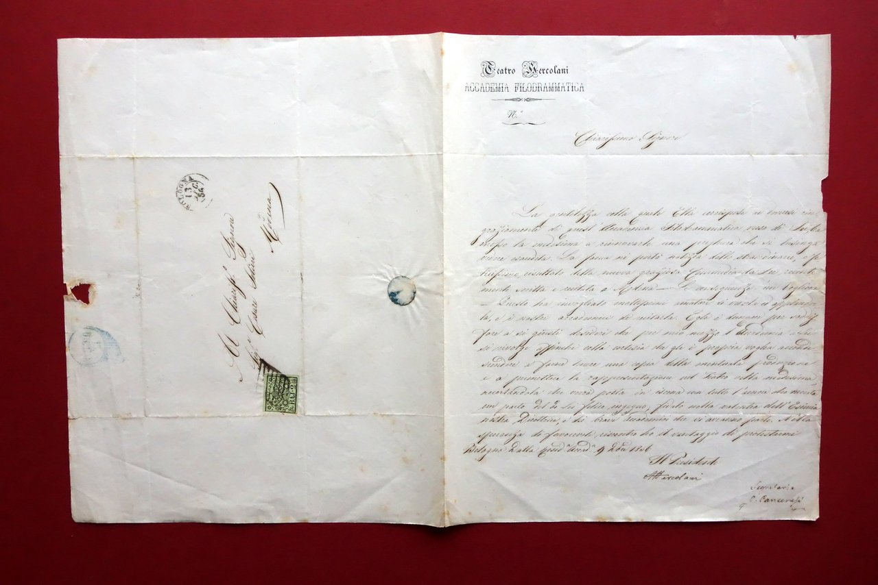 Lettera Teatro Hercolani Bologna Accademia Filodrammatica Solieri Modena 1856 | Immagine principale