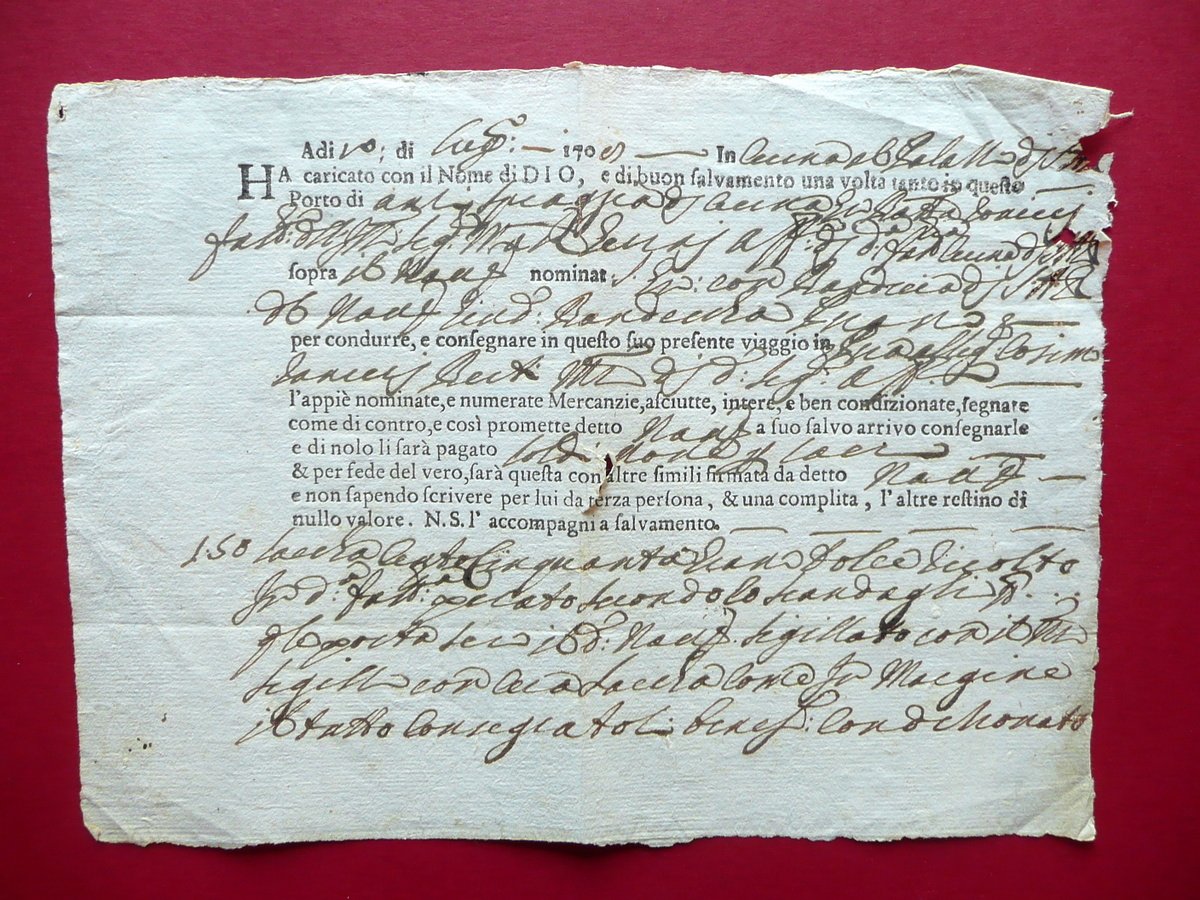 Lettera Trasporto Navale di Merci Mercanzie '700 Carta Filigranata