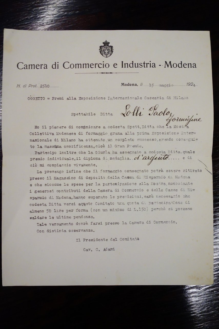 Lettera ufficiale Camera di Commercio Modena Premio grana Lolli Formigine … | Immagine principale