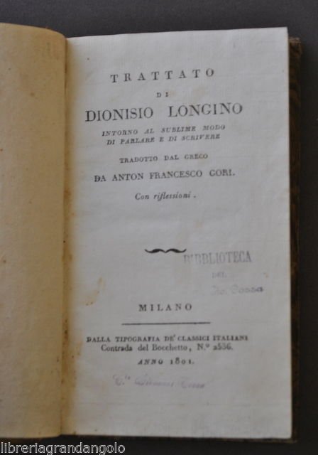 Letteratura Dionisio Longino Sublime Modo Parlare Scrivere Gori Milano 1801 | Immagine principale