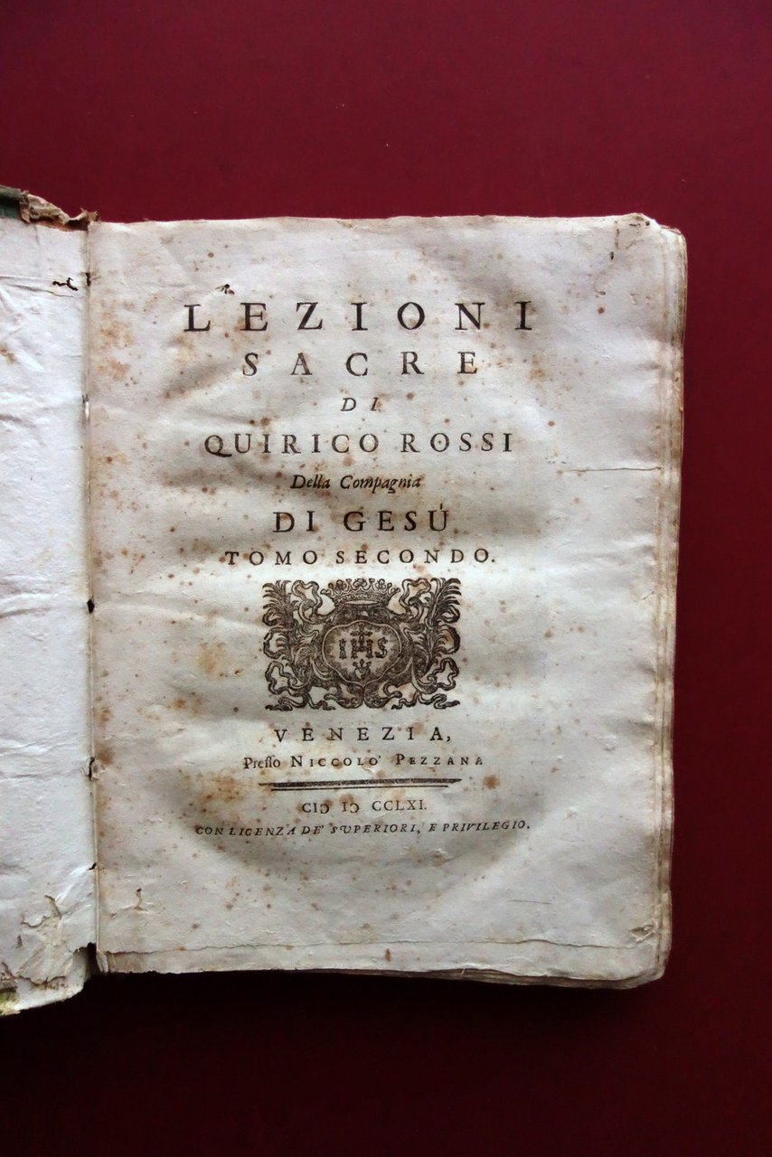 Lezioni Sacre di Quirico Rossi Tomo Secondo Pezzana Venezia 1761