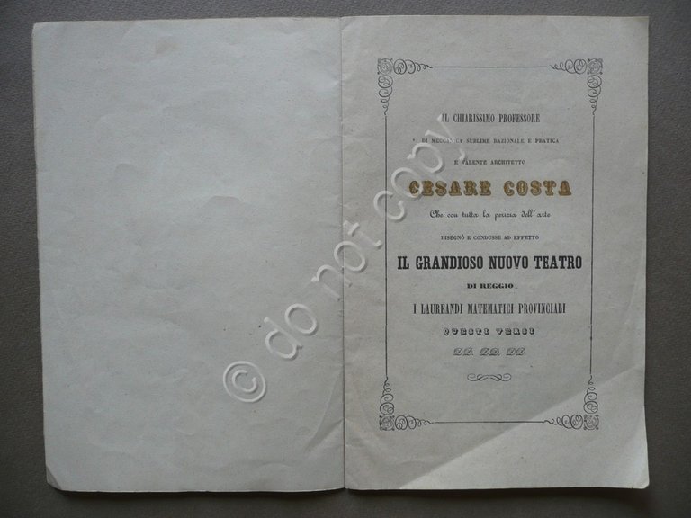 Libretto Al Valente Architetto Cesare Costa Teatro di Reggio Sonetto Matematica