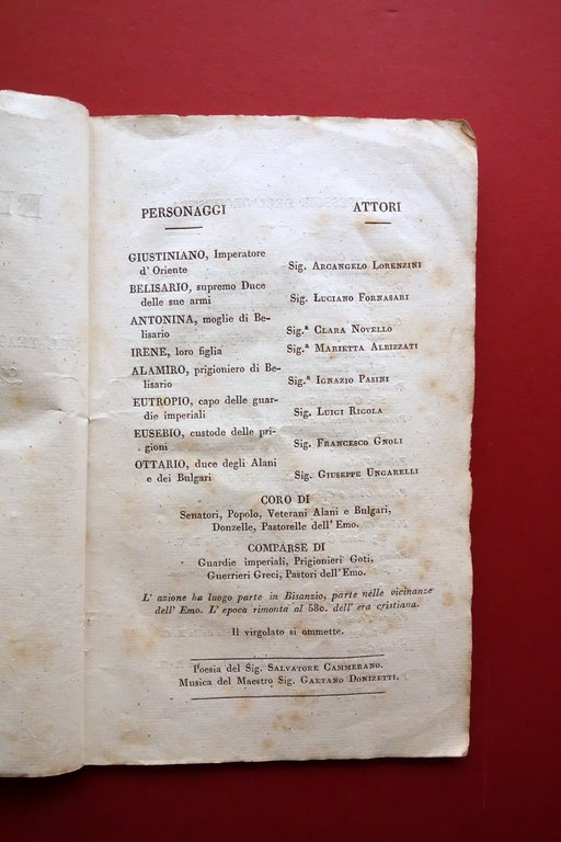 Libretto Belisario Donizetti Tragedia Lirica Teatro Comunale di Modena 1842