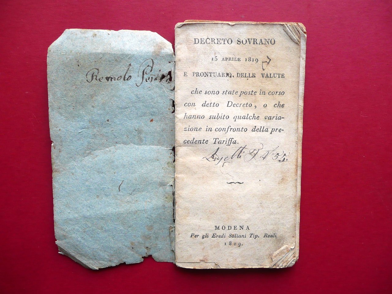 Libretto Decreto Sovrano e Prontuario delle Valute Soliani 1819 Francesco … | Immagine principale