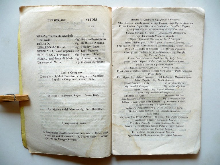 Libretto L'Assedio di Brescia Bajetti 1∞Rappresentazione Teatro alla Scala 1843