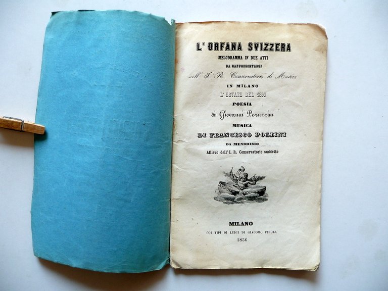 Libretto L'Orfana Svizzera Pollini Mendrisio 1∞ Rappresentazione Milano 1856