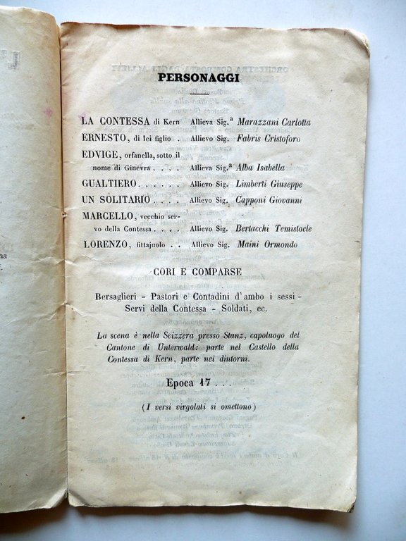 Libretto L'Orfana Svizzera Pollini Mendrisio 1∞ Rappresentazione Milano 1856