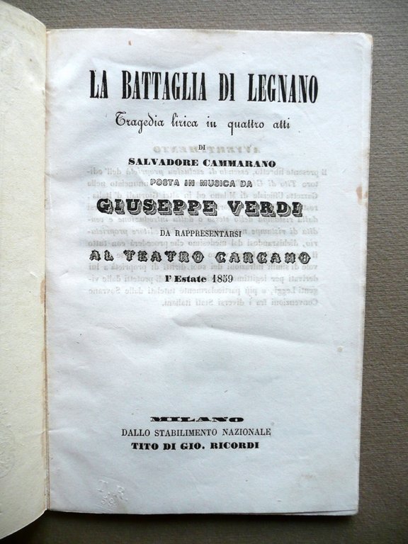 Libretto La Battaglia di Legnano Giuseppe Verdi Teatro Carcano Ricordi …