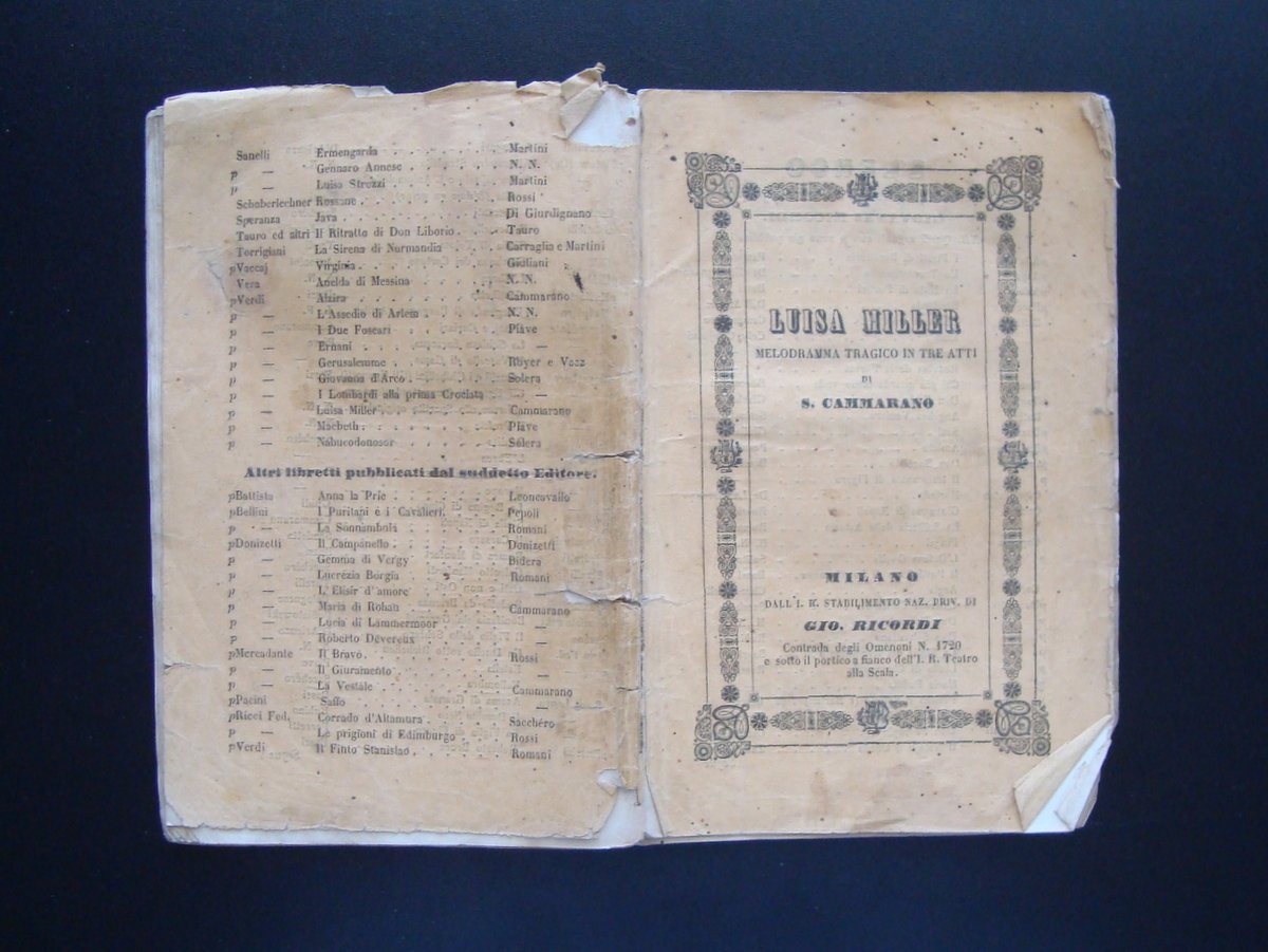 Libretto Opera Luisa Miller Cammarano Verdi 1850 Ricordi Gio Milano