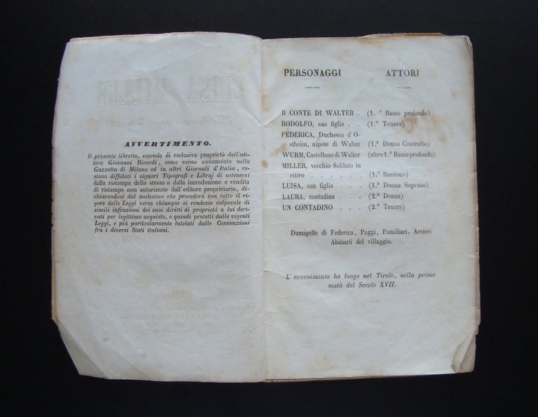 Libretto Opera Luisa Miller Cammarano Verdi 1850 Ricordi Gio Milano