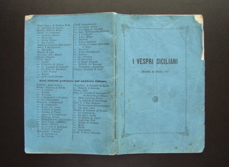 Libretto Opera Verdi I Vespri Siciliani 1864 Teatro Reggio Emilia Fiera Ricordi