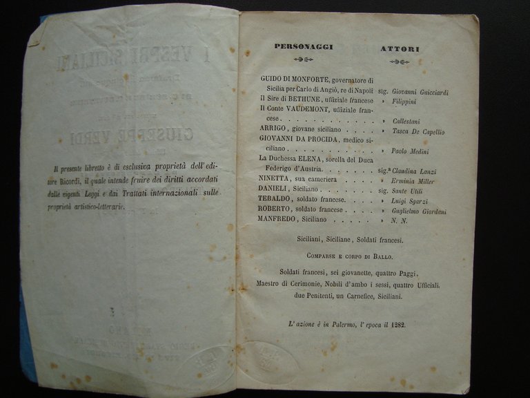 Libretto Opera Verdi I Vespri Siciliani 1864 Teatro Reggio Emilia …