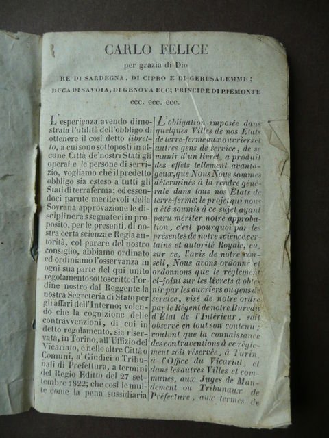 Libretto Servizio Torino Carlo Felice 1829 Pergamena Verzuolo Moncalieri