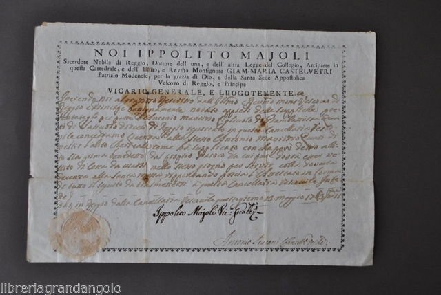 Licenza Abito Chiericale Chiesa Autografo Majoli Vicario Vescovo Reggio 1763