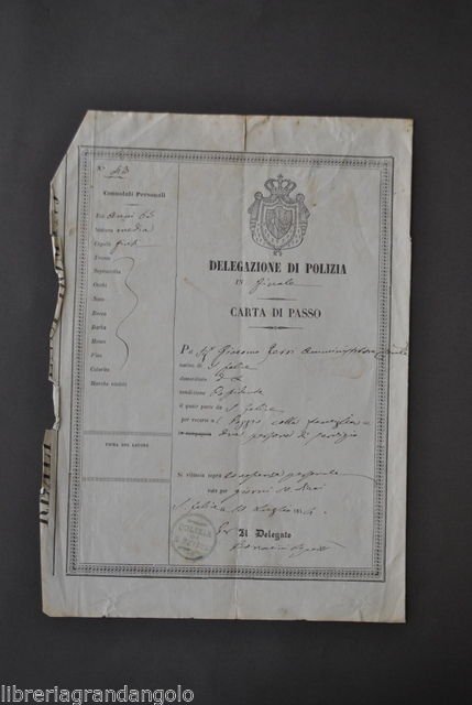 Licenza Passo Lasciapassare Polizia Finale Ferri San Felice Reggio Modena 1854