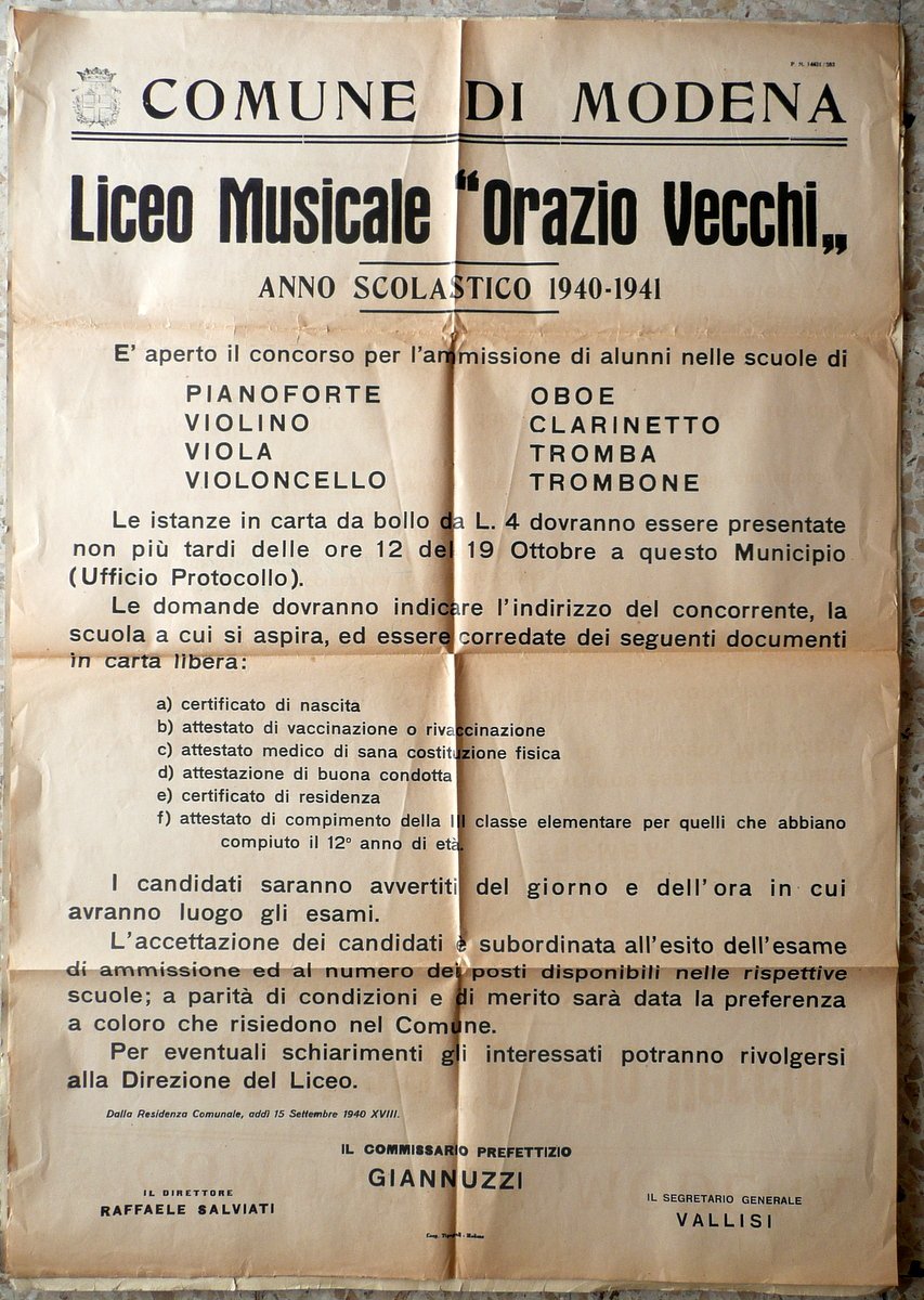 Liceo Musicale Orazio Vecchi Modena Manifesto Bando Ammissione Allievi 1940