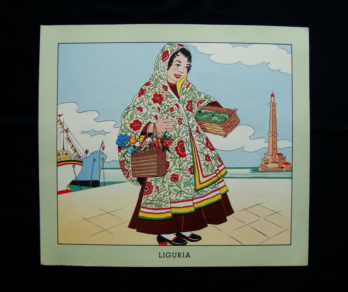 Liguria Stampa Costume Regionale Tradizionale De Felici Jandolo anni 50