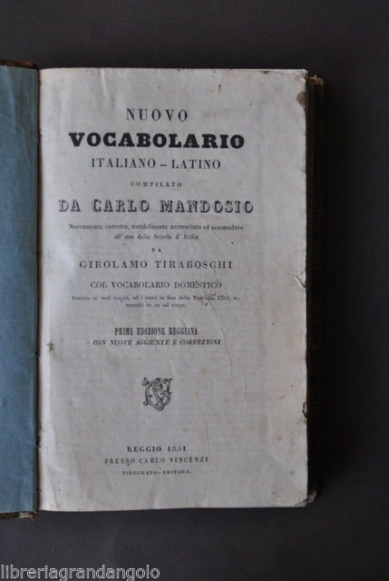 Linguistica Vocabolario Italiano Latino Mandosio Tiraboschi Reggio 1851